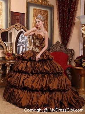 Sweetheart Taffeta Appliques Ruched Brown Quinceanera Dress with Train