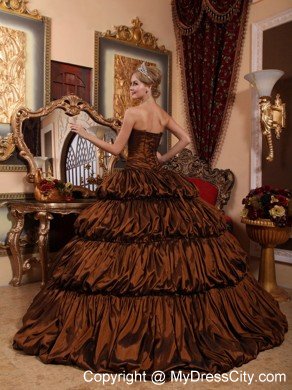 Sweetheart Taffeta Appliques Ruched Brown Quinceanera Dress with Train