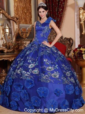 Latest V-neck Beading Flowers Blue Quinceanera Dresses