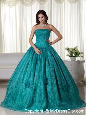 Ruched Strapless Organza Flowers Turquoise Quinceanera Dress