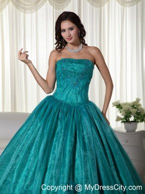 Ruched Strapless Organza Flowers Turquoise Quinceanera Dress