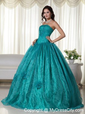 Ruched Strapless Organza Flowers Turquoise Quinceanera Dress