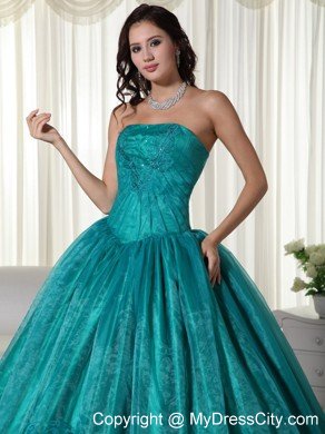 Ruched Strapless Organza Flowers Turquoise Quinceanera Dress