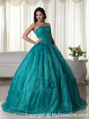 Ruched Strapless Organza Flowers Turquoise Quinceanera Dress