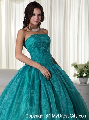 Ruched Strapless Organza Flowers Turquoise Quinceanera Dress