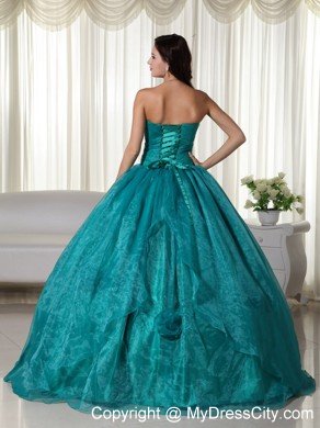 Ruched Strapless Organza Flowers Turquoise Quinceanera Dress