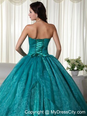 Ruched Strapless Organza Flowers Turquoise Quinceanera Dress