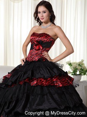 Strapless Ruffles Layers Black and Red Leopard Quinceanera Dress