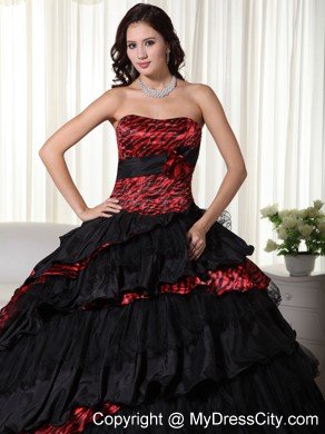 Strapless Ruffles Layers Black and Red Leopard Quinceanera Dress