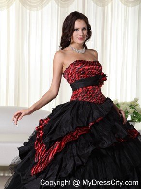 Strapless Ruffles Layers Black and Red Leopard Quinceanera Dress