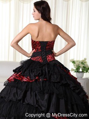 Strapless Ruffles Layers Black and Red Leopard Quinceanera Dress