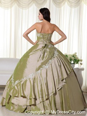 Olive Green Taffeta Appliques Ruches 2013 Quinceanera Dresses