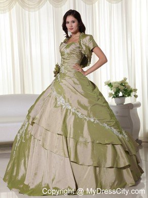 Olive Green Taffeta Appliques Ruches 2013 Quinceanera Dresses