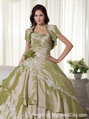 Olive Green Taffeta Appliques Ruches 2013 Quinceanera Dresses