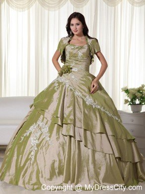 Olive Green Taffeta Appliques Ruches 2013 Quinceanera Dresses