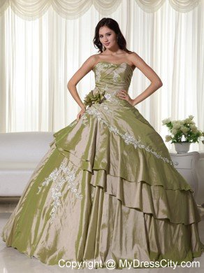 Olive Green Taffeta Appliques Ruches 2013 Quinceanera Dresses