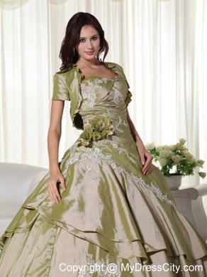 Olive Green Taffeta Appliques Ruches 2013 Quinceanera Dresses