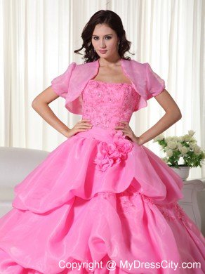 Organza Hand Flowers Tiered Rose Pink Quinceanera Dress with Jacket