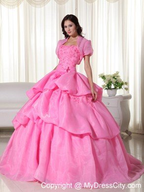 Organza Hand Flowers Tiered Rose Pink Quinceanera Dress with Jacket