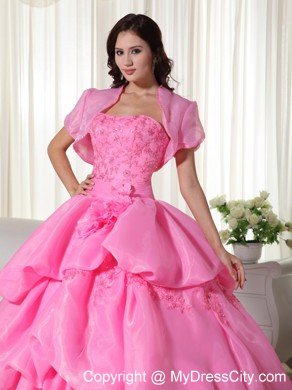 Organza Hand Flowers Tiered Rose Pink Quinceanera Dress with Jacket