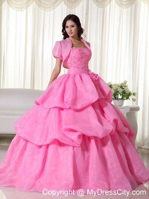 Organza Hand Flowers Tiered Rose Pink Quinceanera Dress with Jacket