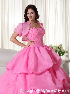 Organza Hand Flowers Tiered Rose Pink Quinceanera Dress with Jacket