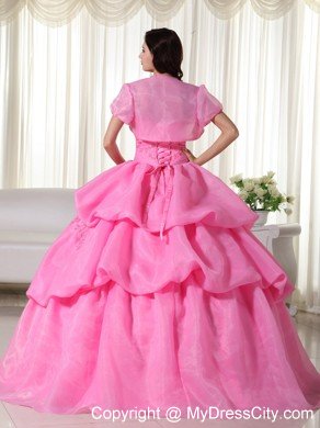 Organza Hand Flowers Tiered Rose Pink Quinceanera Dress with Jacket