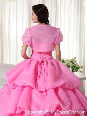 Organza Hand Flowers Tiered Rose Pink Quinceanera Dress with Jacket