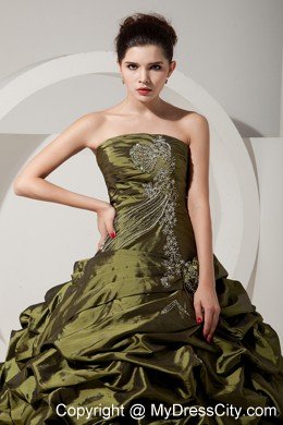 Pick Ups Beading Ruched Olive Green Quinceanera Dress with Train