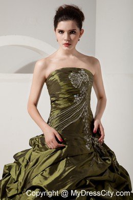 Pick Ups Beading Ruched Olive Green Quinceanera Dress with Train