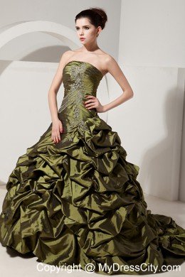 Pick Ups Beading Ruched Olive Green Quinceanera Dress with Train