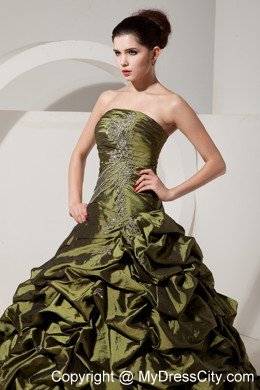 Pick Ups Beading Ruched Olive Green Quinceanera Dress with Train