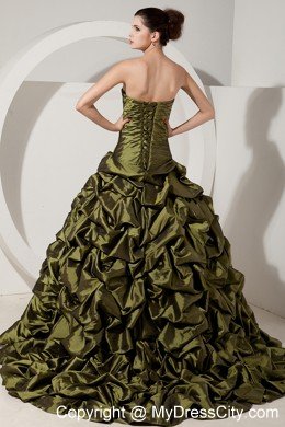 Pick Ups Beading Ruched Olive Green Quinceanera Dress with Train