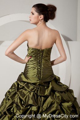 Pick Ups Beading Ruched Olive Green Quinceanera Dress with Train