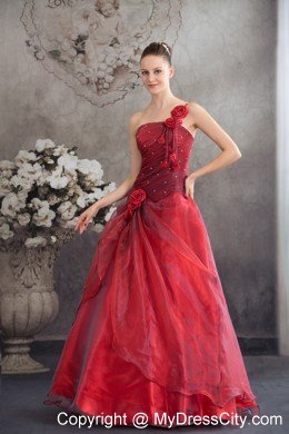 One Shoulder Strap Handmade Flowers A-line Red Sweet 16 Dress