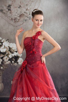 One Shoulder Strap Handmade Flowers A-line Red Sweet 16 Dress