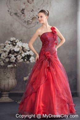 One Shoulder Strap Handmade Flowers A-line Red Sweet 16 Dress