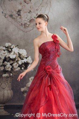 One Shoulder Strap Handmade Flowers A-line Red Sweet 16 Dress