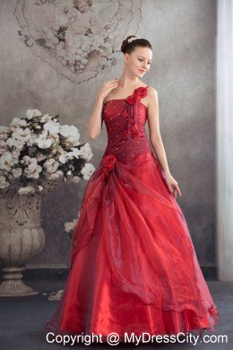 One Shoulder Strap Handmade Flowers A-line Red Sweet 16 Dress