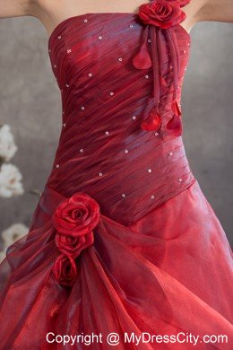 One Shoulder Strap Handmade Flowers A-line Red Sweet 16 Dress