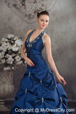 Taffeta Halter Top Beading Appliques Navy Blue Quinceanera Dress