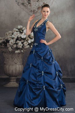 Taffeta Halter Top Beading Appliques Navy Blue Quinceanera Dress