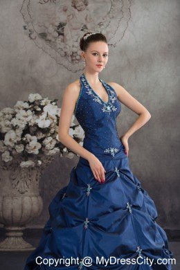 Taffeta Halter Top Beading Appliques Navy Blue Quinceanera Dress