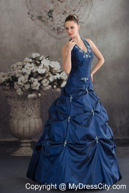 Taffeta Halter Top Beading Appliques Navy Blue Quinceanera Dress