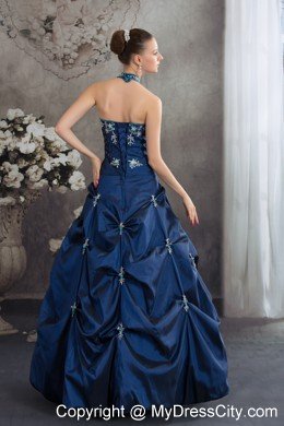 Taffeta Halter Top Beading Appliques Navy Blue Quinceanera Dress