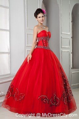 Sweetheart Tulle Beading Appliques Red Quinceanera Dresses 2013