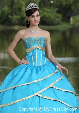 Hot Sale Strapless Embroidery Blue Quinceanera Gowns