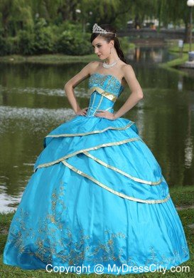 Hot Sale Strapless Embroidery Blue Quinceanera Gowns