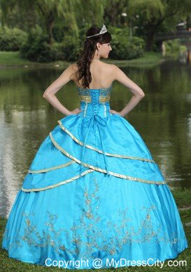 Hot Sale Strapless Embroidery Blue Quinceanera Gowns