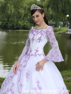 Square Neck Long Sleeves Quinceanera Dress with Lilac Embroidery 
